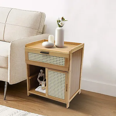 Bamboo Nightstand End Table Bedside Table Drawer Shelf Bohemian End Table US • $54