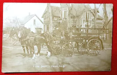 RPPC York Nebraska- 2-horse Team Pulls Wagon W/ 3 Firemen On Board- WOB Posted • $15