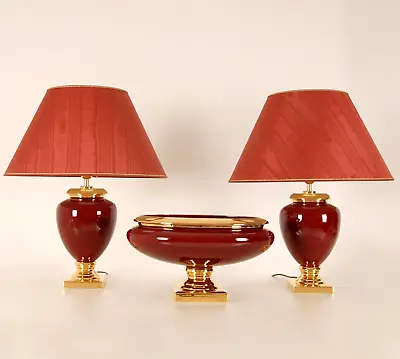 Italian Ceramic Lamps Ruby Red And Gold Basket Table Lamps Porcelain Set Of 3 • $1699