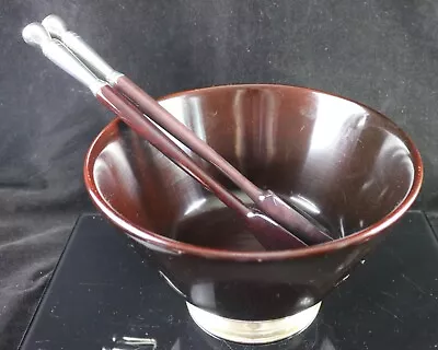 Mid-Century Genuine Mahogany Large Wood Bowl / With Sterling Base & Spatulas • $67.50