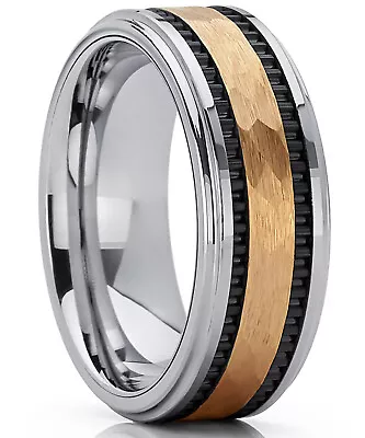 Men's Hammered Gold Tone Tungsten Carbide Wedding Band Ring 8mm • $39.99