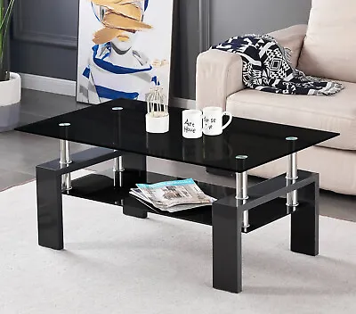 Rectangle Glass Coffee Table With Storage Shelf Modern Living Room Furniture • £55.99