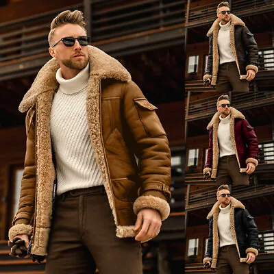 Mens Faux Lamb Shearling Sheep Skin Bomber Flying Jacket Winter Aviator Coat # • $9.96