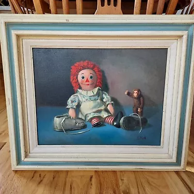 Original Irene Roth Painting With Raggedy Ann Doll Toy Monkey And Baby Shoes  • $200