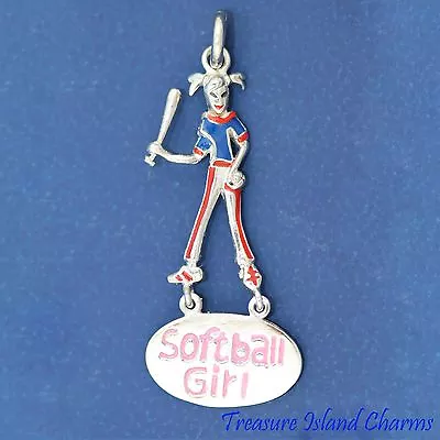 Large Enamel Softball Girl Player 925 Solid Sterling Silver Pendant • $18.95