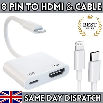 8 Pin To HDMI Digital TV AV Adapter Cable For IPhone IPad 7 8 X 11 12 13 14 NEW • £3.65