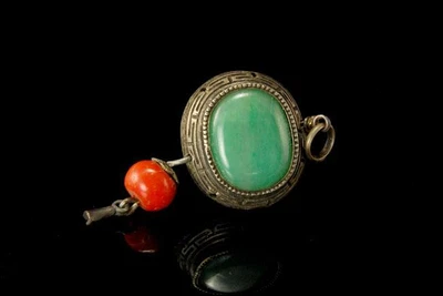 $165 • Buy Antique Chinese Jadeite Cabochon Coral Barrel Bead Pendant D132-05