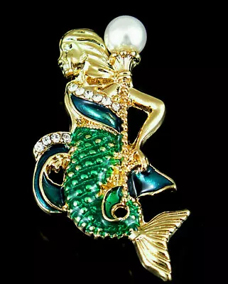 Aquatic MERMAID Fairy PEARL Trident Gold Rhinestone Vintage Inspire Style Brooch • $7.95