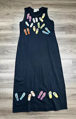 Michael Simon Lite Maxi Dress Black Size Medium Embroidered Flip Flops Cotton • $20