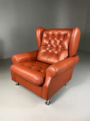 EB5770 Vintage Danish Tan Leather Wingback Armchair Retro 1970s VLEA • £275