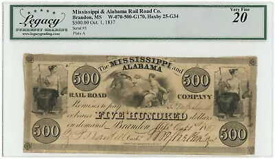 1837 Mississippi & Alabama Railroad Company $500 MS VF20 Legacy (L1094) • $550