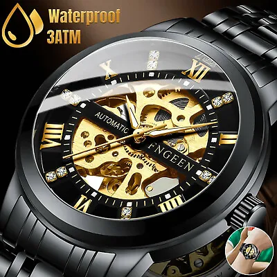 Luxury Men's Stainless Steel Gold Tone Skeleton Automatic Mechanical Wrist Watch • $21.98