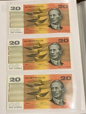 Australian 1993 3 X $20 Consecutive UNC  Fraser/ Evans Banknotes • $240