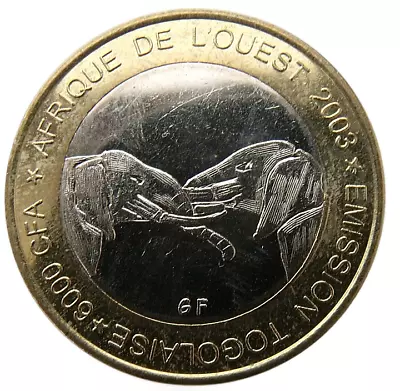 Togo 6000 Cfa Francs - 4 Africa 2003 Km#20 Elephant Fighting Bimetal Bimetallic • $17.99