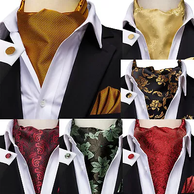 Mens Silk Ascot Cravat Vintage Tie Jacquard Paisley Scarf Hanky Cufflinks Set • £10.99