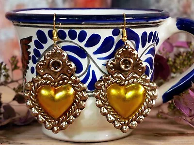 Heart Shape Tin Earrings Bronze & Gold Color Valentine Handmade Mexican Folk Art • $15