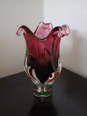 Vintage Retro Chribska Art Glassworks Cranberry & Green Glass Vase • £15