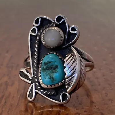 Vintage Navajo Statement Ring Sterling Silver Turquoise MOP Size 8 • $49.99