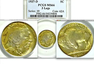 1937-D PCGS MS66 Three Legged █ 3 Legs █ Pop 12/0 █ KEY Date Buffalo Nickel  5c  • $99999.95