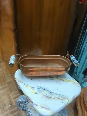 Vintage Rectangle Clew Footed French Copper Planter With Porcelain Handles  • $49