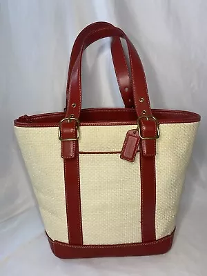 Coach Hampton Cream Straw Red Leather Tote Bag Summer Purse • $36