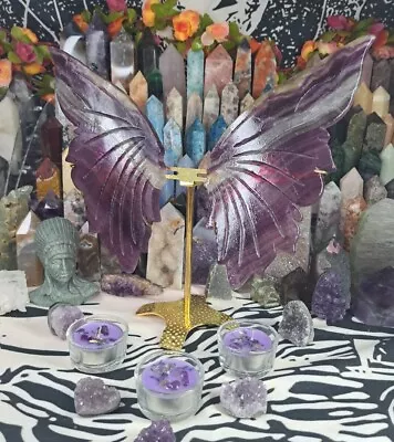 Stunning Large Rainbow Fluorite Crystal Hand Carved Butterfly Wings + Stand • £140