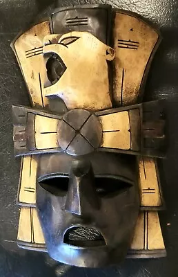 Mexico AZTEC MAYAN Carved Wood Mask ~ 2-Tone Puma Headdress • $30