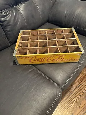 Vintage Coca-Cola Coke Yellow Wooden 24 Pack Bottle Crate Carrier Divided • $15