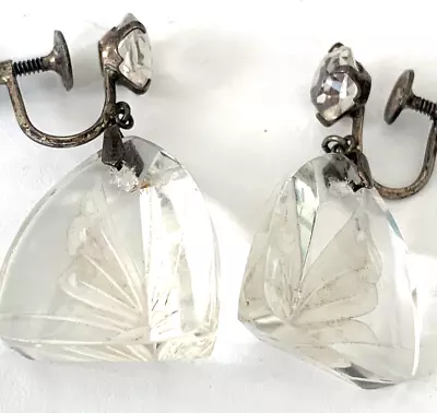 Vintage Earrings Screw Back Sterling Crystal Etched Dragonfly Dangle Grannycore • $30.39