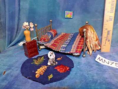 Vintage Dollhouse Doll House Victorian Brass Bed W Pieces Quilt Rug Dog MN75 • $9.99