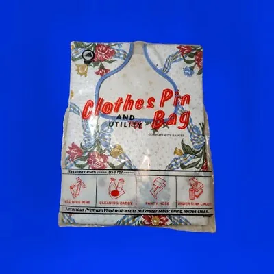 VINTAGE Clothes Pin And Utility Bag With Hanger Blue Burgundy Bow FLORAL Vinyl • $16.99