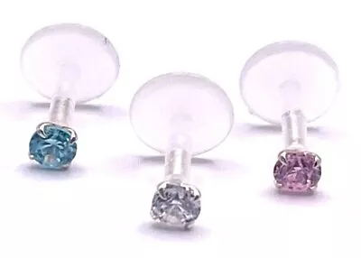 £4.19 • Buy 2.5mm Crystal Labret Bar Helix Tragus Conch Bioflex Ear Bar With Push Fit Gem