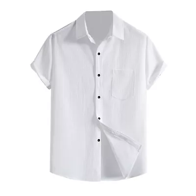 Mens Cotton Linen Shirts Summer Short Sleeve Casual Loose Tops Buttons T-shirt • $15.99
