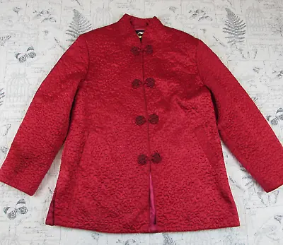 Red Silk Quilted Vintage Chinese Jacket Coat Double Fortune Label Asian Large L • $9.99