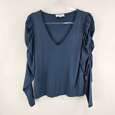 Witchery Top Large Blue Gathered Long Sleeve V Neck Cotton Pullover Ladies • $19.99