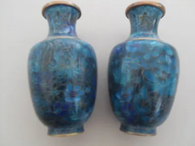 £45 • Buy PAIR OF BLUE CHINESE CLOISONNE VASES - FLOWERS -  6  X 3.5 