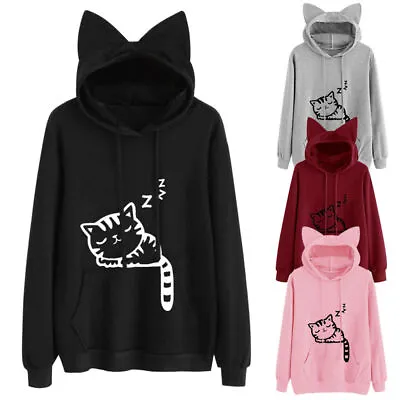 UK Ladies Cute Girl Cat Ear Hoodie Sweatshirt Casual Long Sleeve Pullover Blouse • £8.54