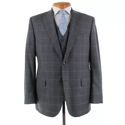 Jack Victor 100% Wool Three Piece Suit Size 42R US In Gray W/ Blue Plaid • $399.99