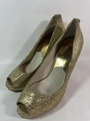 Michael Kors MK Women’s Gold Glitter Peep Open  Toe Heels Shoes Size 7 EUC • $34