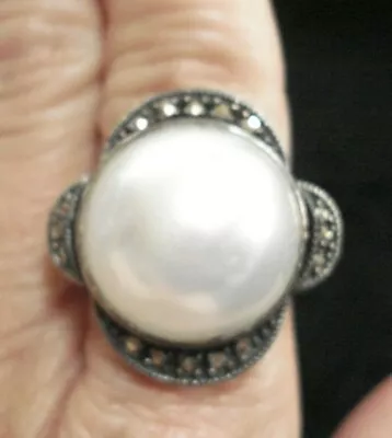 Vtg. Juith Jack Sterling Silver Faux Domed Pearl & Marcasite Ring Size 9.25 • $200