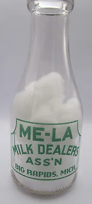 Me-La Milk Dealers Ass'n Quart Milk Bottle Green Pyro Big Rapids MI • $21.98