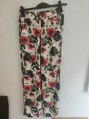 H&M Cream Poppy Print High Waisted Trousers Floral Elastic Waist Eur 34 • £15