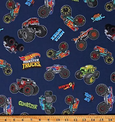 Cotton Hot Wheels Monster Trucks Kids Navy Fabric Print By The Yard D602.76 • $13.95