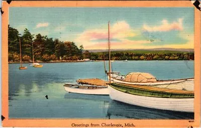 1951 Boat Out On The Lake Greetings From CHARLEVOIX Michigan Linen Postcard • $5