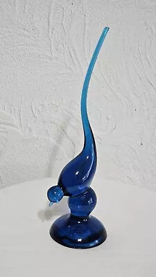 Vintage MCM Viking Glass Blue Blue 9.5  Long Tail Bird Figurine • $45