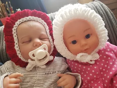 Newborn Baby Girls Hand Knitted Crochet Bonnets Hats  Set Of 2 White Red • £18