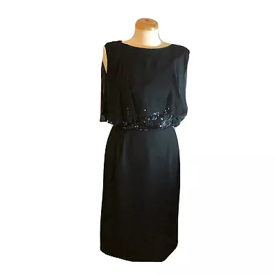 VTG 60s Cocktail Dress Sz 15 Black Sleeveless Sheath Sequin Detailing Mad Men • $36