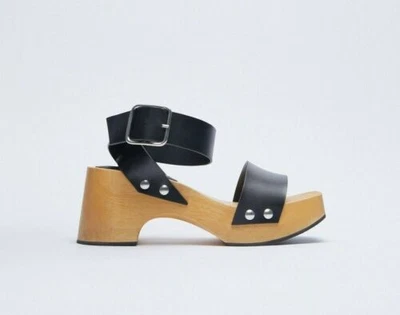 $35 • Buy Zara Wooden Heeled Real Leather Sandals Buckle Black Clog 38 Chunky Platform
