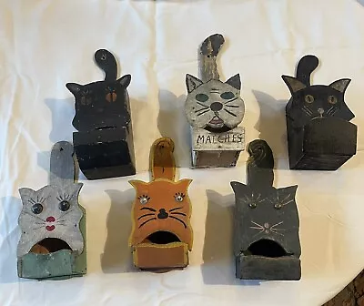 6 Vintage Folk Art Primative Wooden Cat Match Box Holders • $9.99