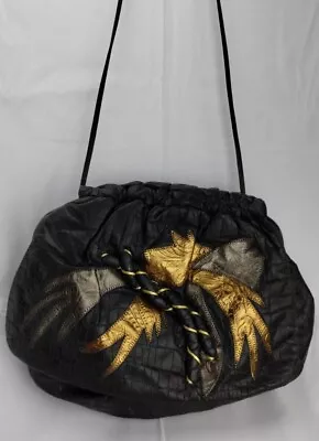 Vintage Leather Purse Snake Embossed Patchwork Metallic Gold 1980s Convertible  • $22.44